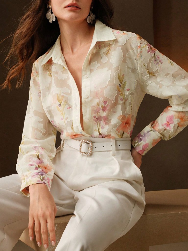 Multicolor Casual Women's Floral Print Lapel Single-Breasted Blouse